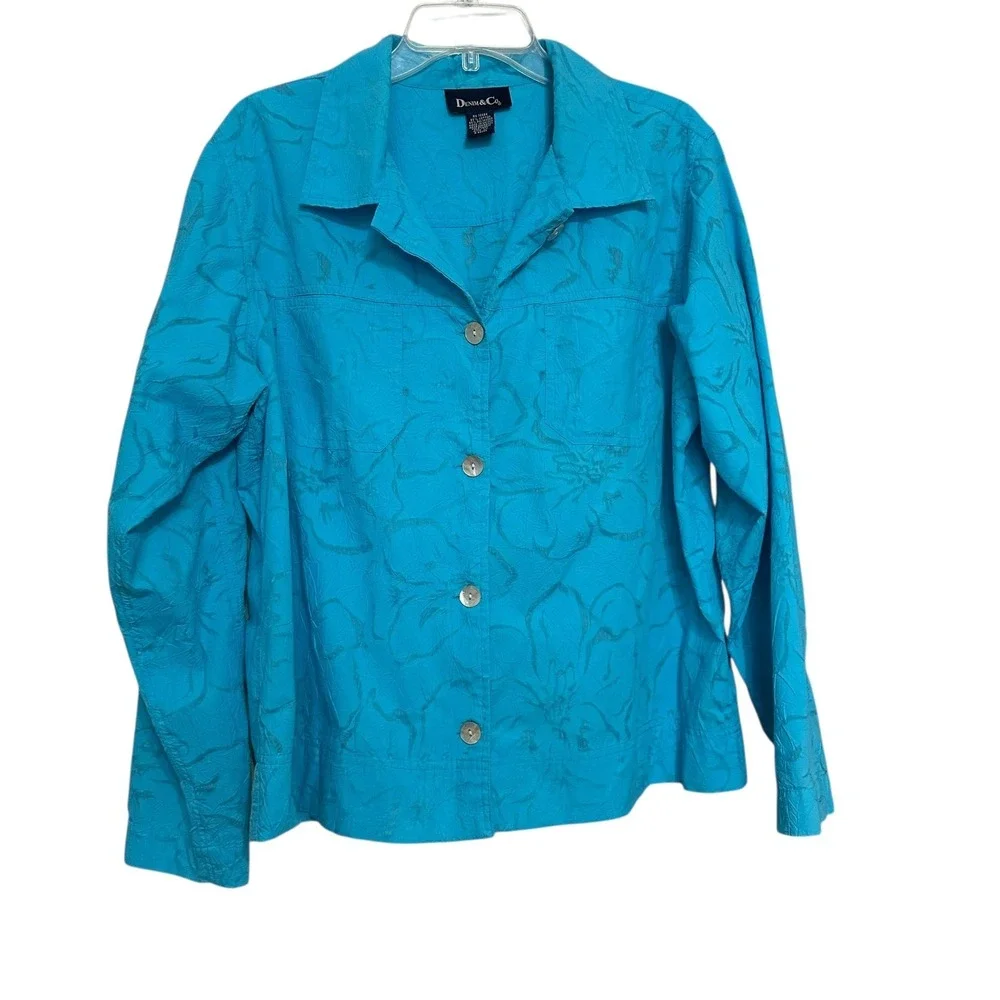 Denim Co Turquoise Burnout‎ Floral Button Front Shacket XL Shirt Vintage Coastal